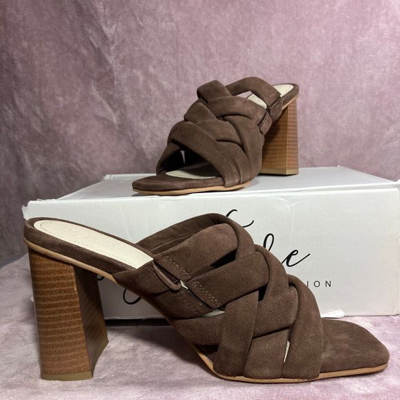 Journee Collection Shoes - Brown Suede Strappy Block Heels NIB